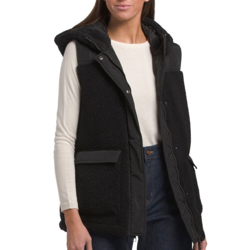 NWT$268 BCBGMaxAzria Black Sherpa Teddy Utility Pocket Hooded Zip Front Vest MED